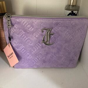 NWT Juicy Couture purple velour cosmetic pouch, silver hardware, all-over logo